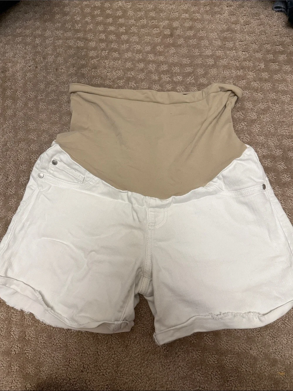 Indigo Blue White Denim Maternity Shorts with Beige Waist Panel